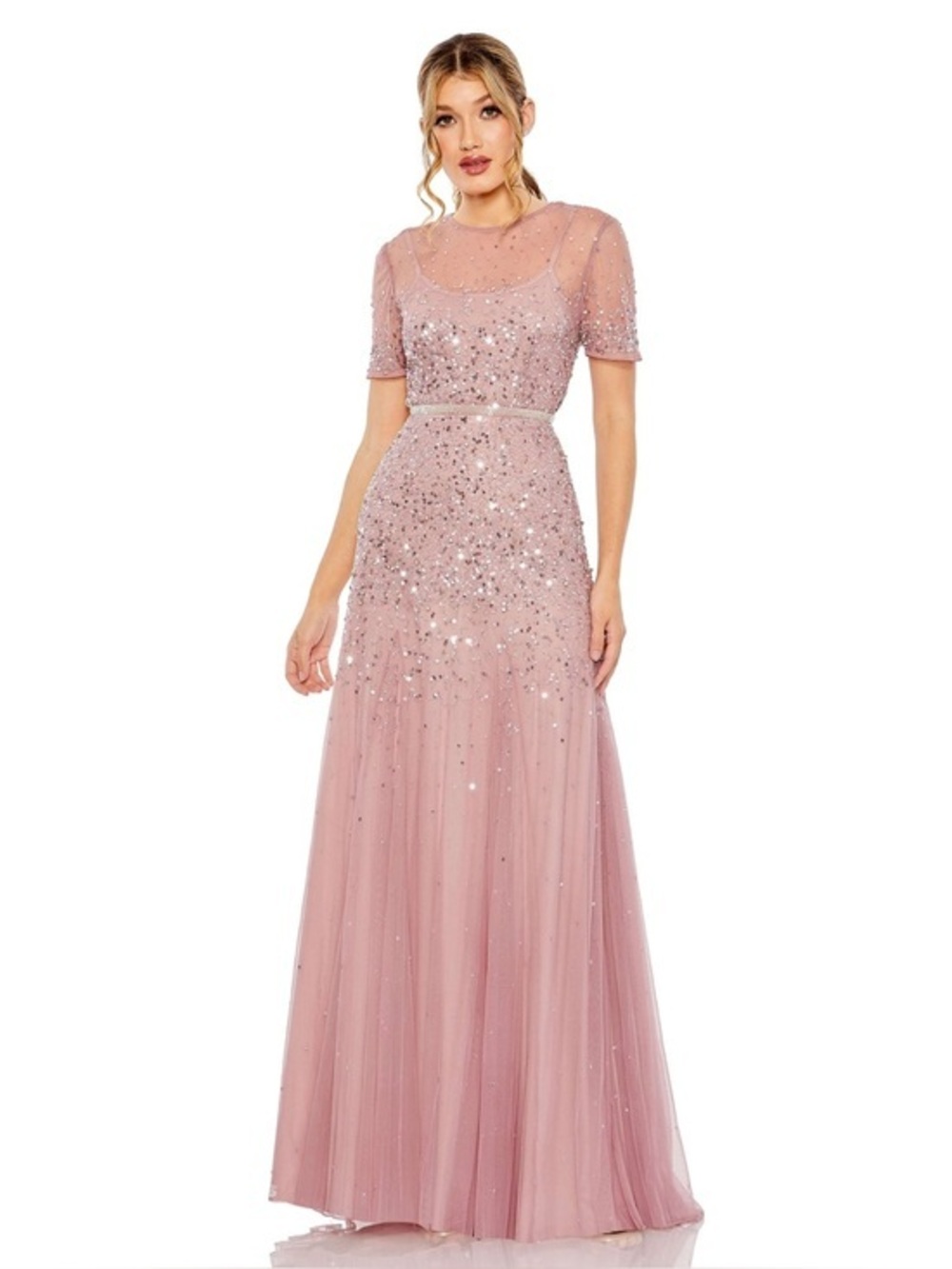 NEW MAC DUGGAL High Neck Short Sleeve Sequin Embellished Gown Sz: 18 #93909